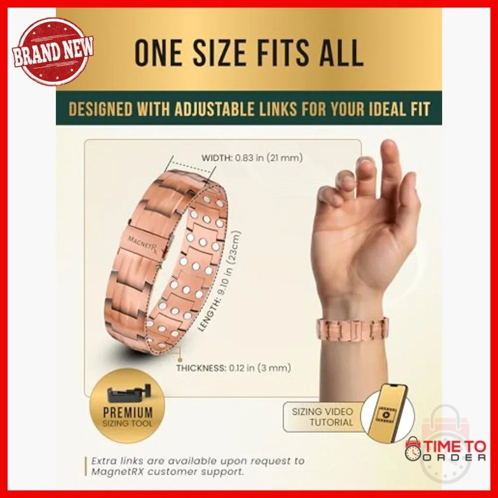 Adjustable Copper Bracelet with Magnets, Fold-Over Clasp, Sizing Tool